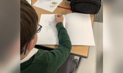 A Willow Class pupil sketching a remembrance poppy