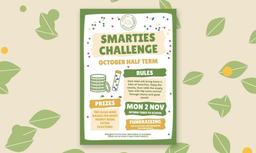 Friends of Flitch Green Smarties Challenge poster: return tubes to school on Monday 2 November